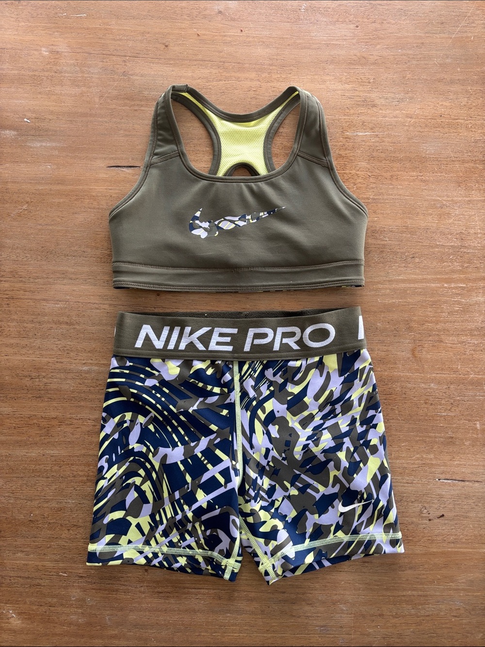 Nike Olive Green & Multicolor Girls Athletic Sports Bra and Pro Shorts Set